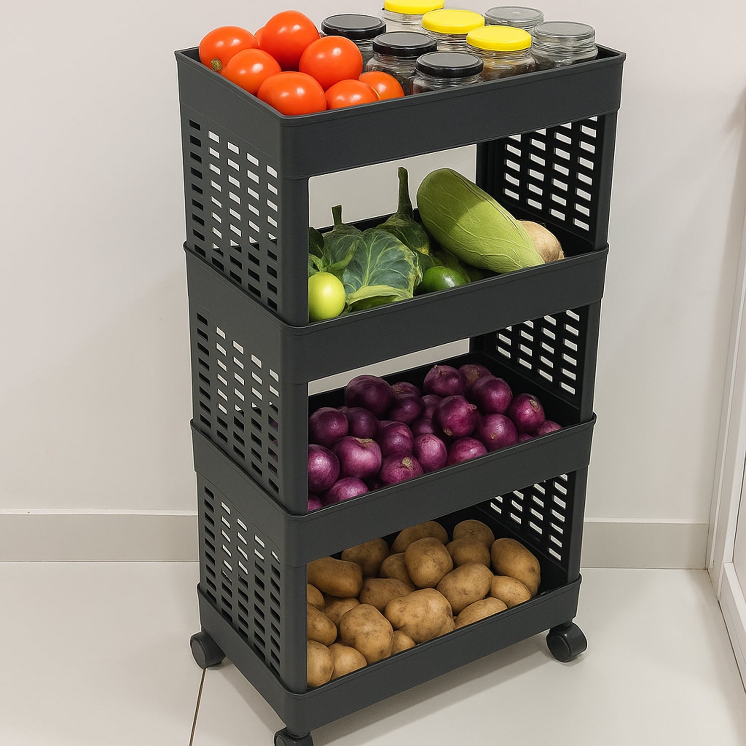 4-Layer Plastic Storage Rack with Wheels 4-Layer Plastic Storage Rack with Wheels
